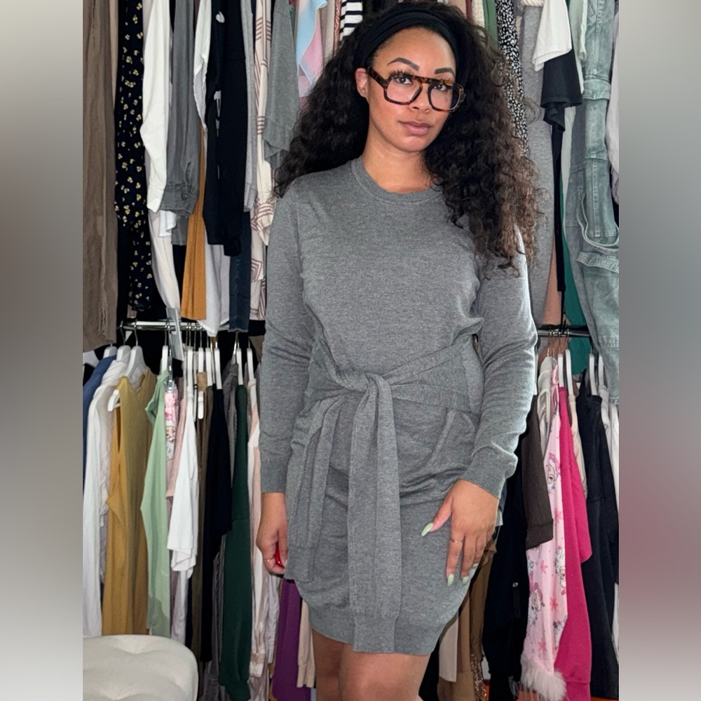 Gray Knit Dress - mid tie
